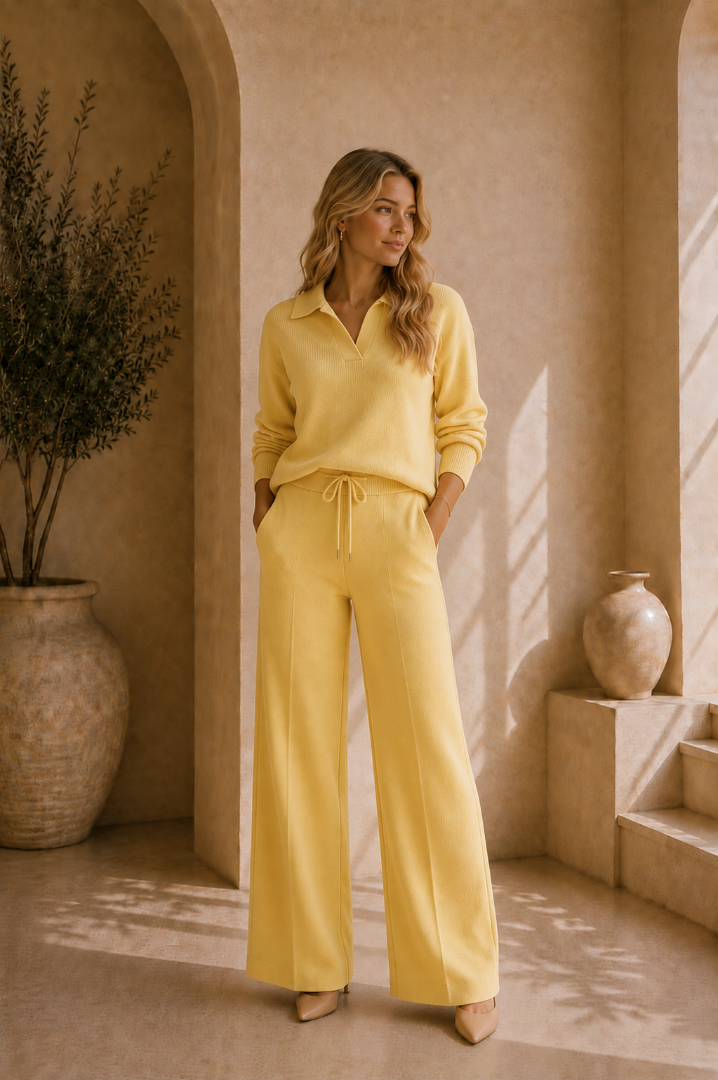 Women's Ribbed Long Sleeve Polo Loungewear Set