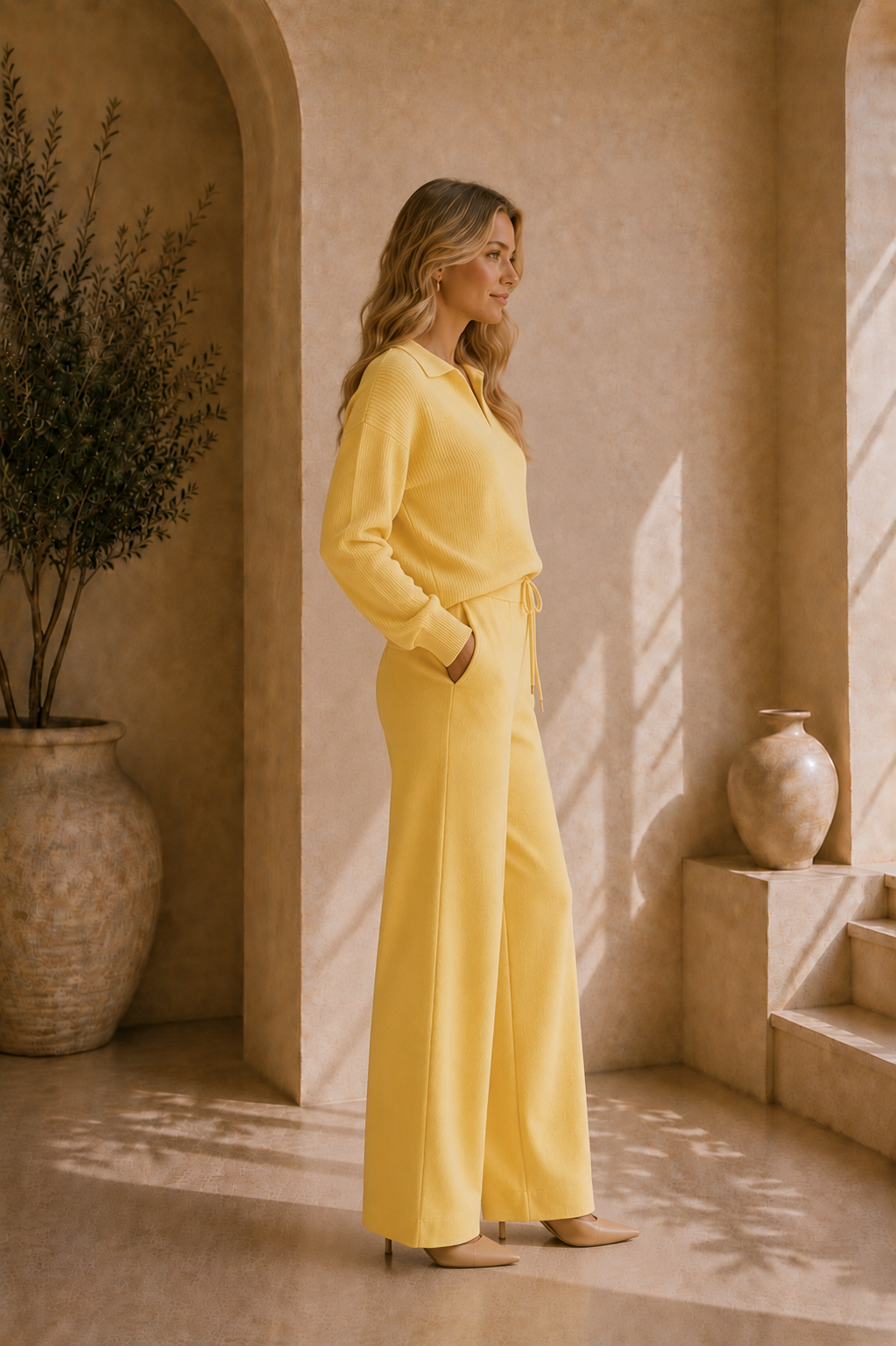 Women's Ribbed Long Sleeve Polo Loungewear Set